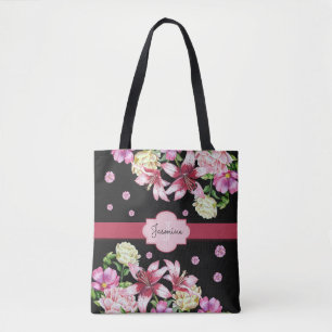 Floral Wasserfarbe Peony Personalisiert Schwarz Tasche