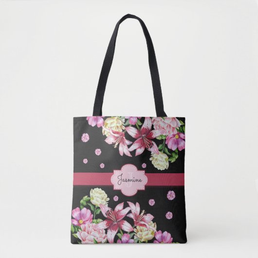 Floral Wasserfarbe Peony Personalisiert Schwarz Tasche (Vorderseite)