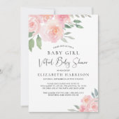 Floral Wasserfarbe Pink Baby Girl Virtual Dusche Einladung (Vorderseite)