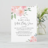 Floral Wasserfarbe Pink Baby Girl Virtual Dusche Einladung (Stehend Vorderseite)