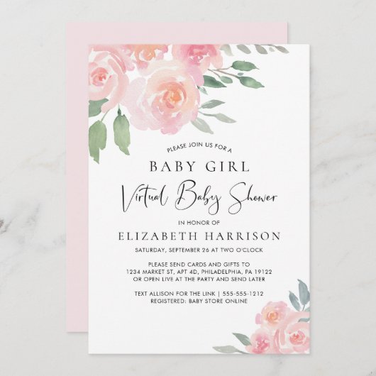 Floral Wasserfarbe Pink Baby Girl Virtual Dusche Einladung (Vorne/Hinten)