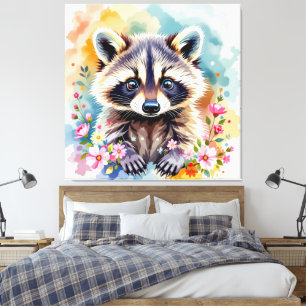 Floral Wasserfarbe Raccoon Leinwanddruck