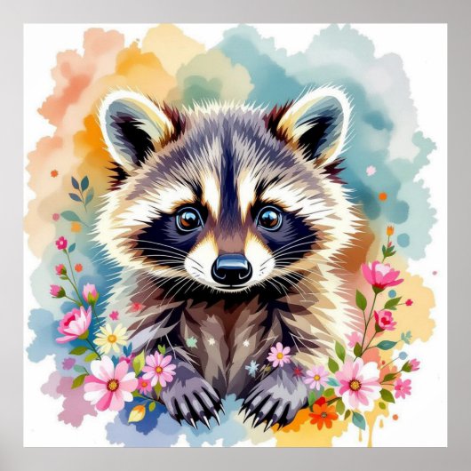 Floral Wasserfarbe Raccoon Poster (Vorne)