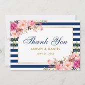 Floral Wasserfarbe Rosa blaue Streifen Hochzeit Dankeskarte (Vorderseite)