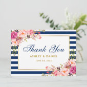 Floral Wasserfarbe Rosa blaue Streifen Hochzeit Dankeskarte (Stehend Vorderseite)