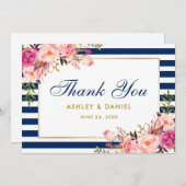 Floral Wasserfarbe Rosa blaue Streifen Hochzeit Dankeskarte (Vorne/Hinten)