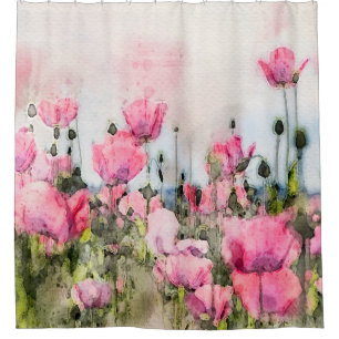 Floral Wasserfarbe Rosa Mohnblumen Blume Duschvorhang
