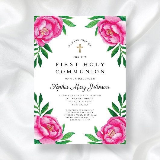 Floral Wasserfarbe Rosa Zwiebeln Erste Kommune Einladung