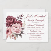 Floral Wasserfarbenpeony Just Married Wedding Ankündigung (Vorderseite)