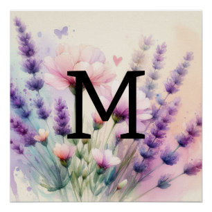 Floral wässrig monogramm rosa lila Lavendel Poster