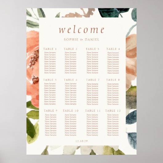 Floral Watercolor 12 Table Wedding Ivory Poster (Vorne)