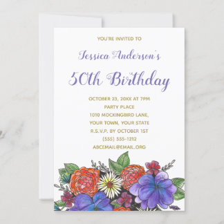 Floral Watercolor 50. Geburtstag Einladung