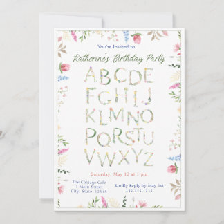 Floral Watercolor Alphabet ABC Geburtstagseinladun Einladung