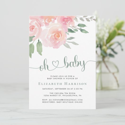 Floral Watercolor Babydusche Einladung (Stehend Vorderseite)