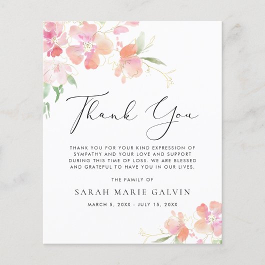 Floral Watercolor Beileid Beerdigung Danke Karte (Vorderseite)