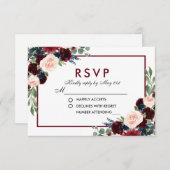 Floral Watercolor Blue Burgundy Wedding RSVP (Vorne/Hinten)