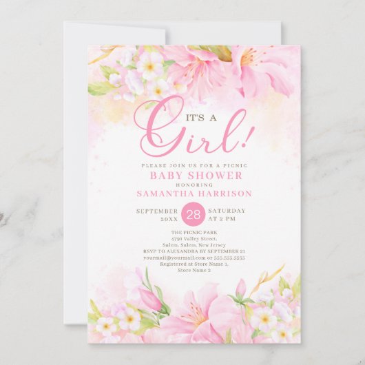 Floral Watercolor Boho Pink Picnic Babydusche Einladung (Vorderseite)