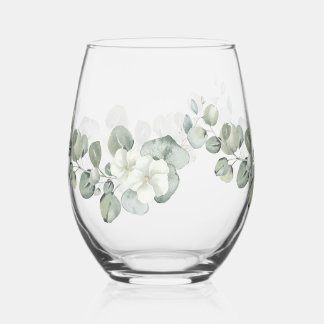 Floral Watercolor Botanischer Eukalyptus Grüne Weinglas Ohne Stiel