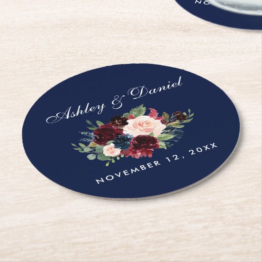 Floral Watercolor Burgundy Blue Wedding Runder Pappuntersetzer (Angewinkelt)