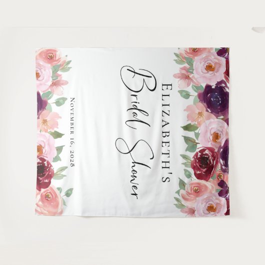 Floral Watercolor Burgundy Blush Brautparty Wandteppich (Vorderseite (Horizontal))