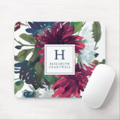 Floral Watercolor Burgundy Navy Blue Monogram Mousepad (Mit Mouse)