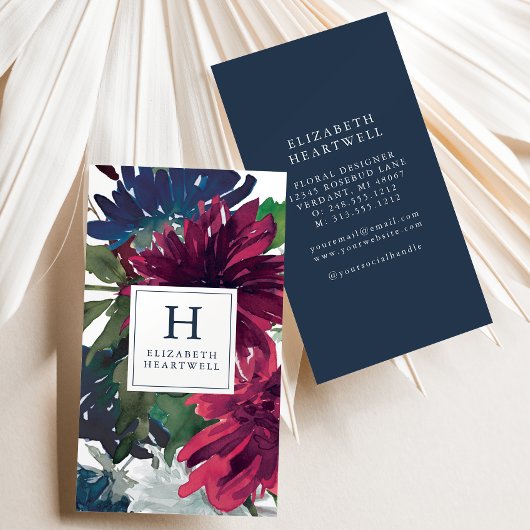 Floral Watercolor Burgundy Navy Blue Monogram Visitenkarte