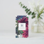 Floral Watercolor Burgundy Navy Blue Monogram Visitenkarte (Stehend Vorderseite)