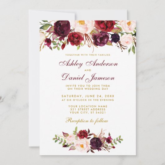 Floral Watercolor Burgundy Wedding Einladung BG (Vorderseite)