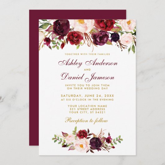 Floral Watercolor Burgundy Wedding Einladung BG (Vorne/Hinten)
