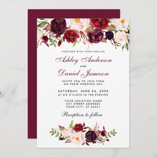 Floral Watercolor Burgundy Wedding Einladung BT (Vorne/Hinten)