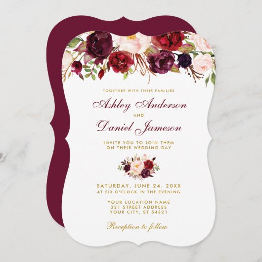 Floral Watercolor Burgundy Wedding Einladung GB (Vorne/Hinten)