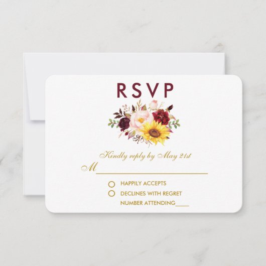 Floral Watercolor Burgundy Wedding Gold UAWG RSVP Karte (Vorderseite)