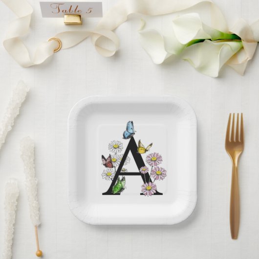 Floral Watercolor Butterfly Monogram Letter A Pappteller (Hochzeit)