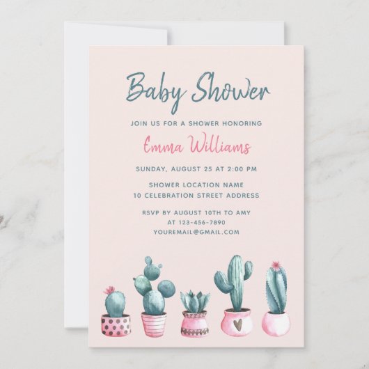 Floral Watercolor Cactus Pink Girl Baby Shower Einladung (Vorderseite)