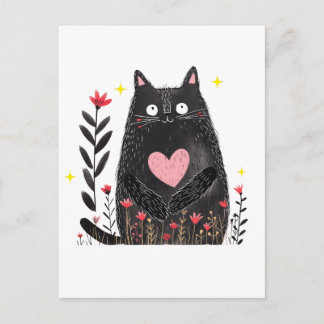 Floral Watercolor Chubby Black Cat with Pink Heart Postkarte