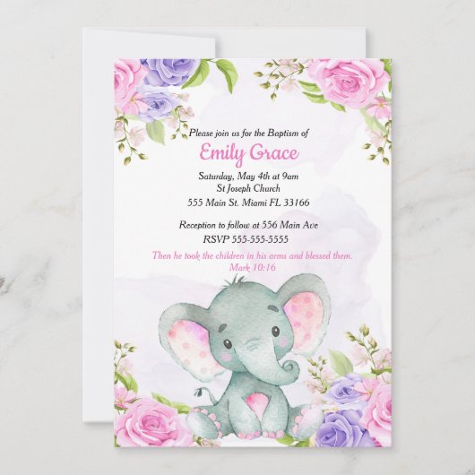 Floral Watercolor Elefant Girl Taufe Einladung (Vorderseite)