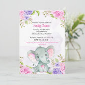 Floral Watercolor Elefant Girl Taufe Einladung (Stehend Vorderseite)