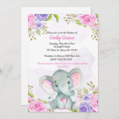 Floral Watercolor Elefant Girl Taufe Einladung (Vorne/Hinten)