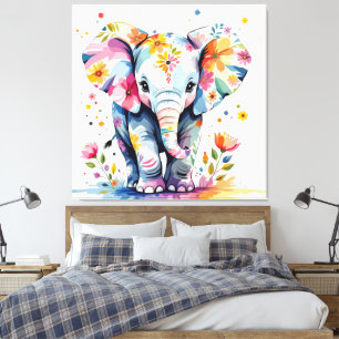Floral Watercolor Elephant Leinwanddruck