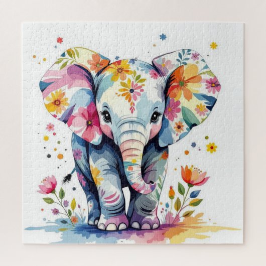 Floral Watercolor Elephant Puzzle (Vertikal)