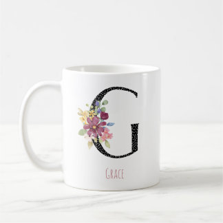 Floral Watercolor G Monogram Name Black Polka Dot Kaffeetasse