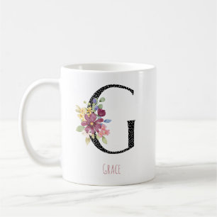 Floral Watercolor G Monogramm Name Schwarz Punkte Kaffeetasse