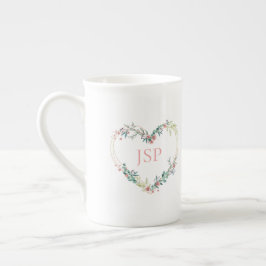 Floral Watercolor Heart with Leaves in Pink Porzellantasse