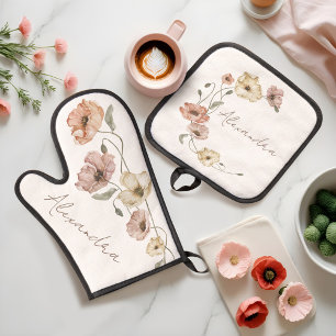 Floral Watercolor Isländische Poppies Personalisie Ofenhandschuh & Topflappen-Set
