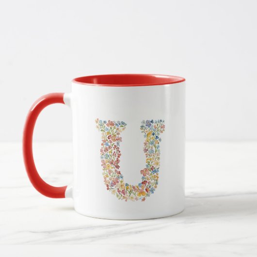 Floral Watercolor Letter U Monogramm Tasse (Links)