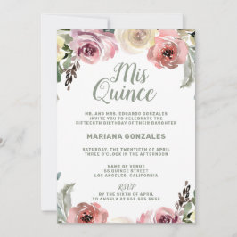 Floral Watercolor Mis Quince Quinceanera Einladung