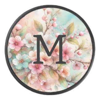 Floral watercolor monogram pink cherry blossoms  eishockey puck