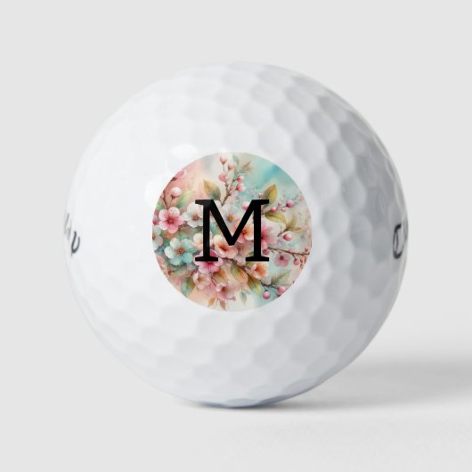 Floral watercolor monogram pink cherry blossoms golfball (Vorderseite)