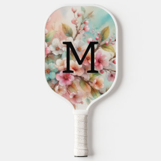 Floral watercolor monogram pink cherry blossoms  pickleball schläger