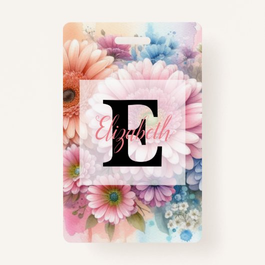 Floral watercolor monogram pink gerbera daisies ausweis (Vorderseite)
